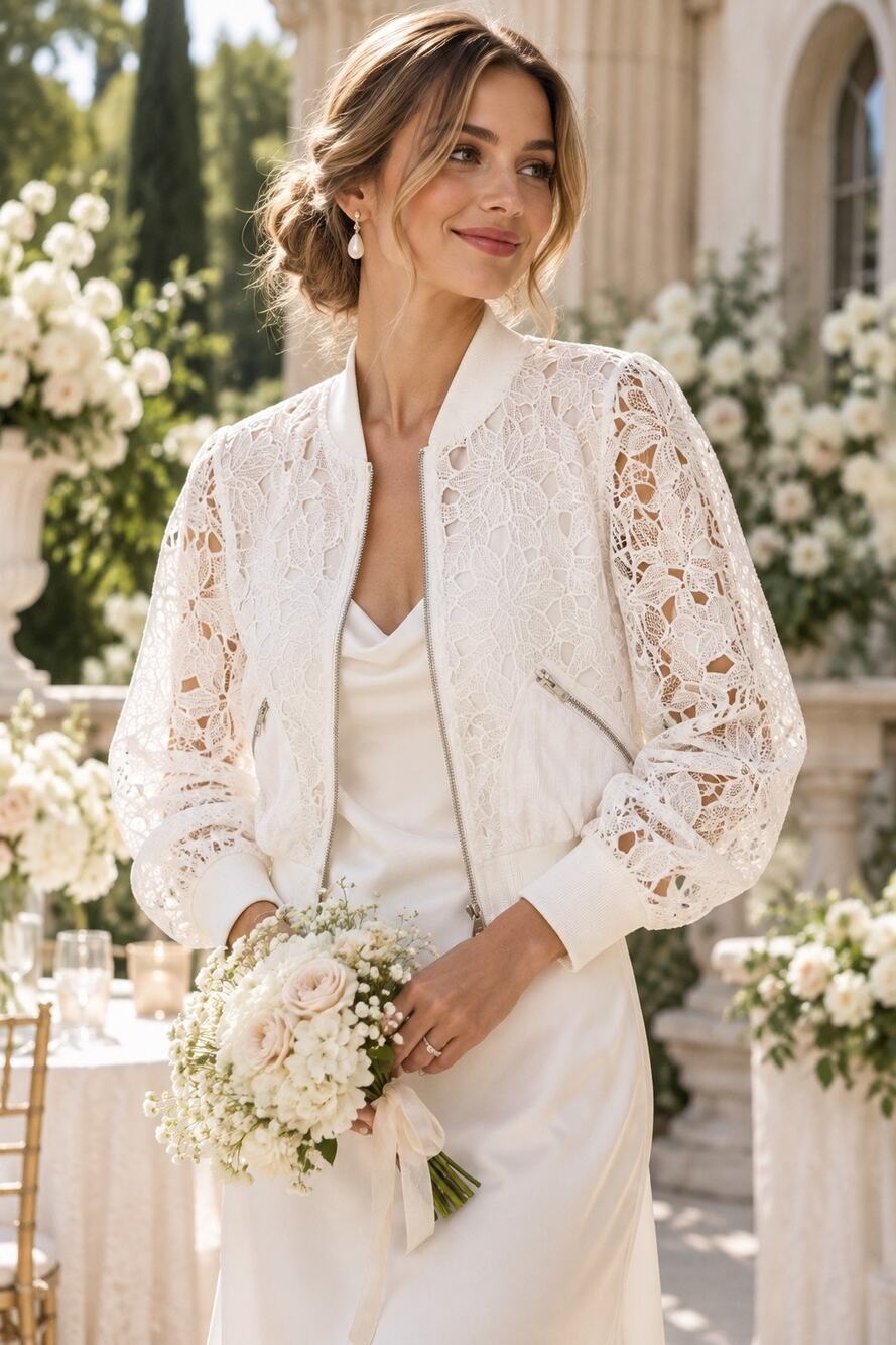 Jason Wu White Floral Lace Bomber Jacket S Bridal Designer Romantic Coquette